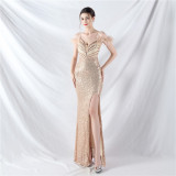 Strap Off Shoulder Long Sequins Formal Party Evening Dress