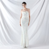 Elegant Feather Strapless Lace-Up Strap Sequin Evening Dress