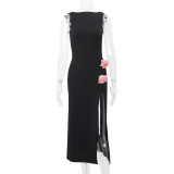 Summer Sexy Chic Hollow Flower Decoration Slit Long Dress For Women