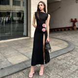 Summer Sexy Chic Hollow Flower Decoration Slit Long Dress For Women