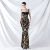 Elegant Feather Strapless Lace-Up Strap Sequin Evening Dress