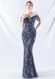 Off Shoulder Tassels Fishbone Slim Waist Lace-Up Sequin Evening Dress