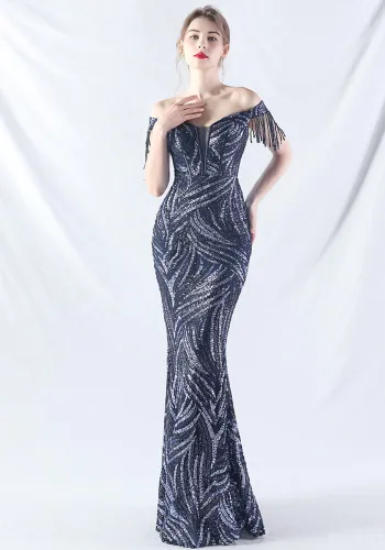 Off Shoulder Tassels Fishbone Slim Waist Lace-Up Sequin Evening Dress