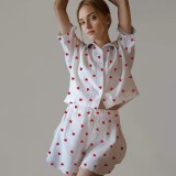 Spring Pajamas Women Double Crepe Cotton Heart Print Turndown Collar Half-Sleeve Shirt Slit Shorts Home Clothes