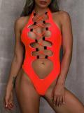 Cross Lace-Up Low Back One-Piece Swimsuit For Women Halter Neck Sexy Hollow Solid Color One-Piece Swimwear