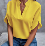 Summer V-Neck Shirt Women Solid Color Casual Short-Sleeved Pullover Blouse