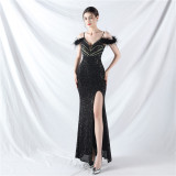 Strap Off Shoulder Long Sequins Formal Party Evening Dress