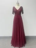 Women's Elegant Short Sleeve Sequin Patchwork V-Neck A-Line Evening Gown