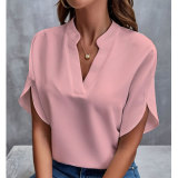 Summer V-Neck Shirt Women Solid Color Casual Short-Sleeved Pullover Blouse