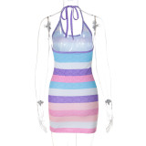 Women's Summer Striped Print Sexy Halter Neck Low Back Dress