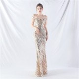 Off Shoulder Tassels Fishbone Slim Waist Lace-Up Sequin Evening Dress