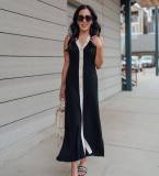 V-Neck Sleeveless Single-Breasted Knitting Contrast Color Sexy Summer Dress