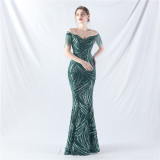 Off Shoulder Tassels Fishbone Slim Waist Lace-Up Sequin Evening Dress