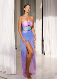 Women gradient flower Strapless hollow one-piece swimsuit Mesh Skirt two-piece set