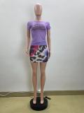 Women summer mesh rhinestone sexy print top and skirt two-piece set