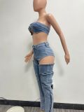 Women washed elastic denim split zipper pocket chest wrap and sexy denim pants set