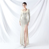 Women ostrich feather long-sleeved sequined evening dress