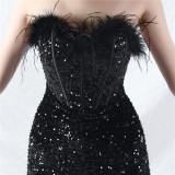 Women palace fishbone vest-ordered ostrich plush bottom sequined evening dress