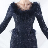 Women ostrich feather long-sleeved sequined evening dress