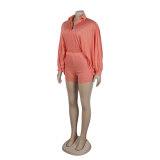 Sexy Solid Color Bat Sleeves Loose Shirt Shorts Two Piece Set