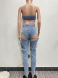 Women washed elastic denim split zipper pocket chest wrap and sexy denim pants set
