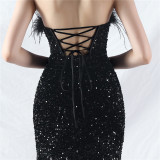 Women palace fishbone vest-ordered ostrich plush bottom sequined evening dress