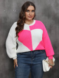 Plus Size Women Heart Print Patchwork Contrast Color Top Sweater