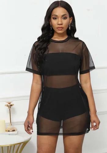 Plus Size Women Beach Mesh See-Through Wrap-Through Shorts Mesh Dress Three-Piece