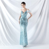 Plus size Women sequined formal party maxi evening dress