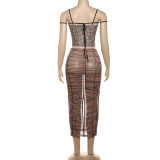 Women Summer Striped Printed Mesh See-Through Strapless Top and Bodycon Skirt Two-piece Set