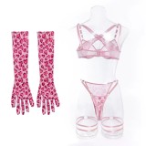 Women pink leopard metal chain sexy lingerie two-piece with gloves and leg rings