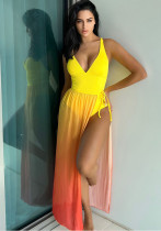 Women Holidays gradient color one-piece swimsuit Mesh Skirt two-piece set