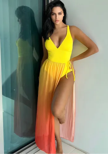 Women Holidays gradient color one-piece swimsuit Mesh Skirt two-piece set