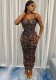 Women Summer Striped Printed Mesh See-Through Strapless Top and Bodycon Skirt Two-piece Set