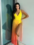 Women Holidays gradient color one-piece swimsuit Mesh Skirt two-piece set