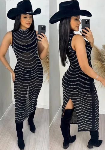 Women Summer Sexy Mesh See-Through Beaded Sleeveless Dress