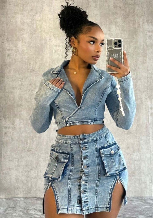 Women Elastic Washed Button Zipper Pocket Sexy Top and Denim Skirt Two-piece Set