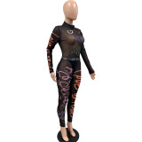 Women's Summer Print See-Through Mesh Tight Fitting Bodysuit Pants Two Piece Set