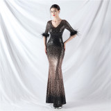 Elegant V-Neck Short sleeve Gradient Sequins Long Sleeve Evening Dress