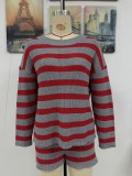 Women Stripe Patchwork Round Neck Casual Knitting Sweater and Shorts Two-piece Set