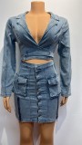 Women Elastic Washed Button Zipper Pocket Sexy Top and Denim Skirt Two-piece Set