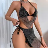 Fashion Design Diamond Sexy Underwear Lace-Up Halter Neck Tank Skirt Three-Piece Set