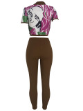Casual Printed Turndown Collar V-Neck Short Sleeve Tight Fitting Fitted Two-Piece Pants Set Home Suit