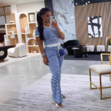 Casual Short Sleeve Striped Two-Piece Pants Set