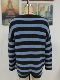 Women Stripe Patchwork Round Neck Casual Knitting Sweater and Shorts Two-piece Set