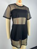 Plus Size Women Beach Mesh See-Through Wrap-Through Shorts Mesh Dress Three-Piece