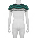 Women Striped Patchwork Contrast Hollow Polo Neck Crop Short Sleeve Top+ Shorts Two-piece Set