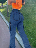 Spring High Waist Ripped Cargo Pants Pocket Women's Denim Jeans