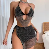 Fashion Design Diamond Sexy Underwear Lace-Up Halter Neck Tank Skirt Three-Piece Set