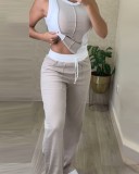 Women's Contrast Color Patchwork Ribbed Casual Sleeveless Two Piece Pants Set